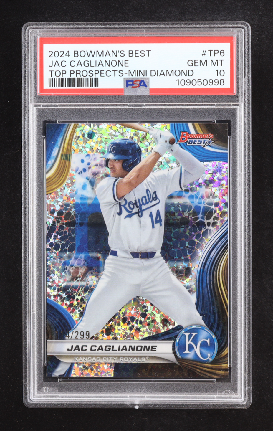 Jac Caglianone 2024 Bowman's Best Top Prospects Mini-Diamond Refractors #TP6 #114/299 RC (PSA 10) at PristineAuction.com Jac Caglianone 2024 Bowman's Best Top Prospects Mini-Diamond Refractors #TP6 #114/299 RC (PSA 10) at PristineAuction.com
