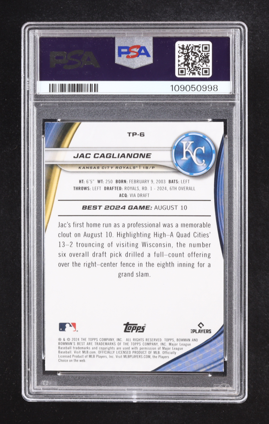 Jac Caglianone 2024 Bowman's Best Top Prospects Mini-Diamond Refractors #TP6 #114/299 RC (PSA 10) at PristineAuction.com Jac Caglianone 2024 Bowman's Best Top Prospects Mini-Diamond Refractors #TP6 #114/299 RC (PSA 10) at PristineAuction.com