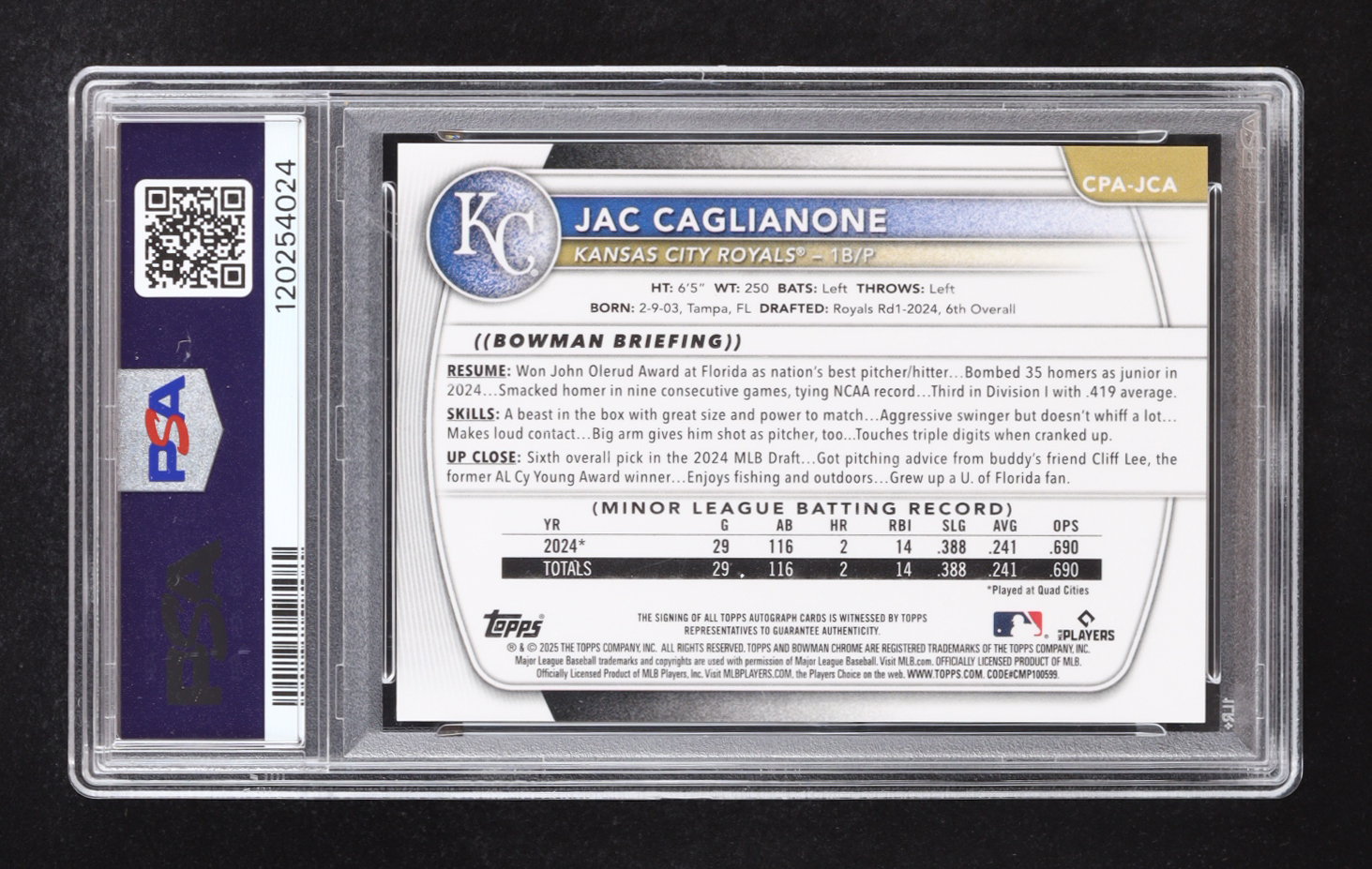 Jac Caglianone 2025 Bowman Chrome Prospect Autographs HTA Choice Refractors #CPAJCA #020/150 RC (PSA 10) at PristineAuction.com Jac Caglianone 2025 Bowman Chrome Prospect Autographs HTA Choice Refractors #CPAJCA #020/150 RC (PSA 10) at PristineAuction.com