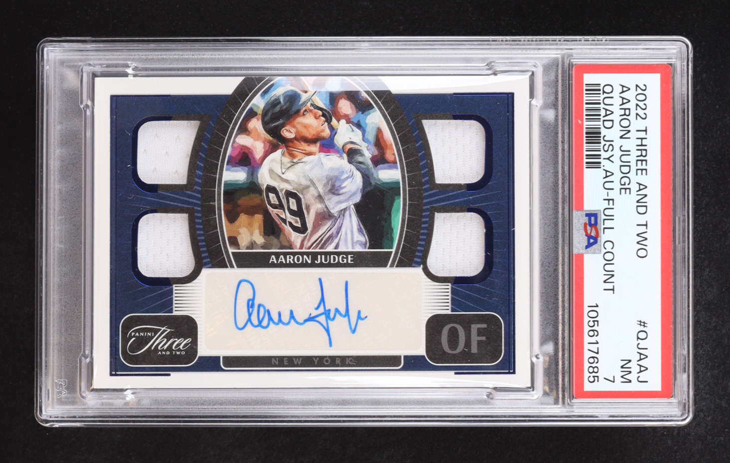Aaron Judge 2022 Panini Three and Two Quad Jersey Autographs Full Count #12 #29/32 (PSA 7) at PristineAuction.com Aaron Judge 2022 Panini Three and Two Quad Jersey Autographs Full Count #12 #29/32 (PSA 7) at PristineAuction.com
