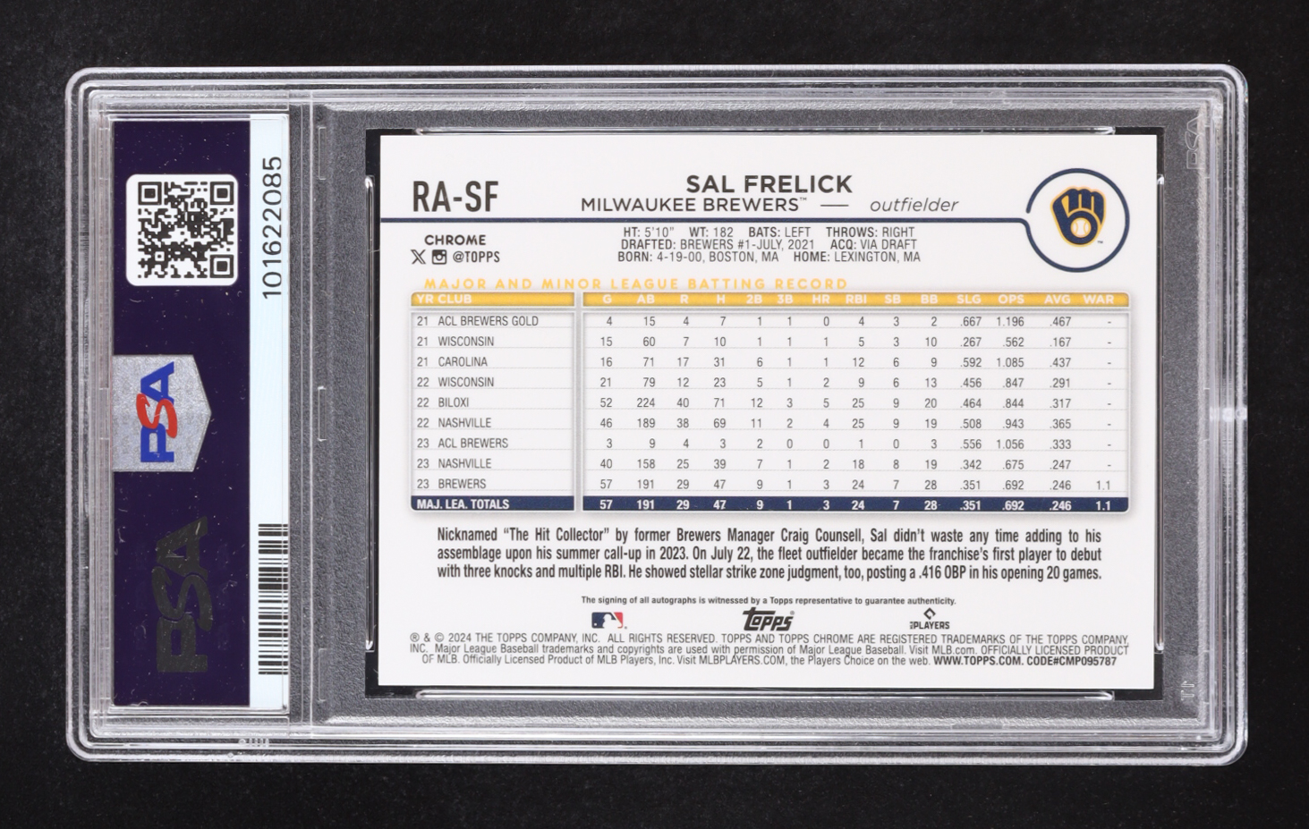 Sal Frelick 2024 Topps Chrome Update Rookie Autographs Aqua Blue Lava Lamp Refractors #RASF #107/175 RC (PSA 10) at PristineAuction.com Sal Frelick 2024 Topps Chrome Update Rookie Autographs Aqua Blue Lava Lamp Refractors #RASF #107/175 RC (PSA 10) at PristineAuction.com