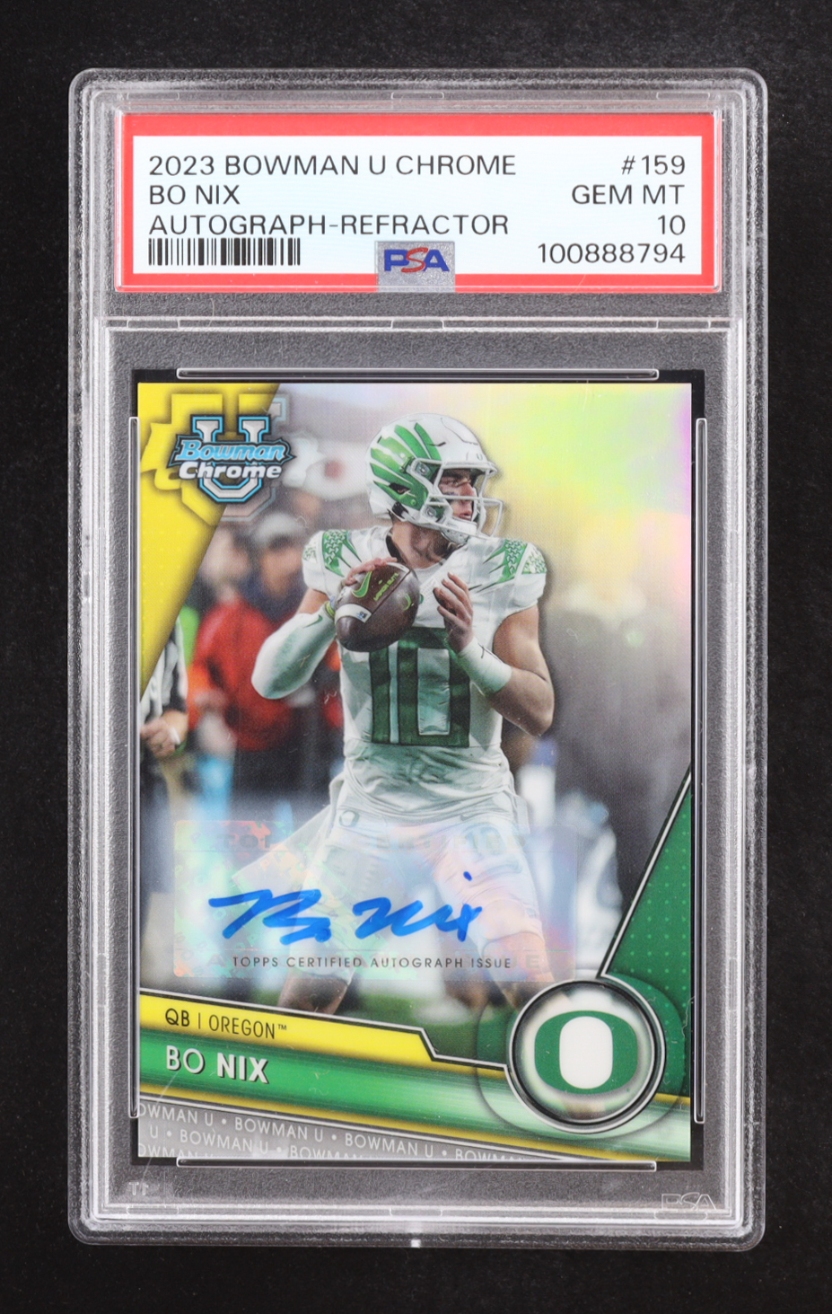 Bo Nix 2023 Bowman Chrome University Autographs Refractors #159 #419/499 RC (PSA 10) at PristineAuction.com Bo Nix 2023 Bowman Chrome University Autographs Refractors #159 #419/499 RC (PSA 10) at PristineAuction.com