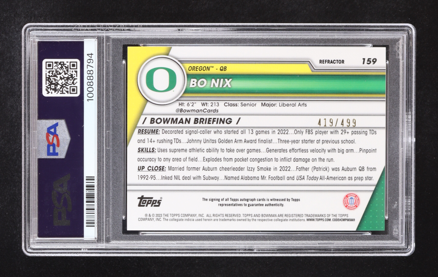 Bo Nix 2023 Bowman Chrome University Autographs Refractors #159 #419/499 RC (PSA 10) at PristineAuction.com Bo Nix 2023 Bowman Chrome University Autographs Refractors #159 #419/499 RC (PSA 10) at PristineAuction.com