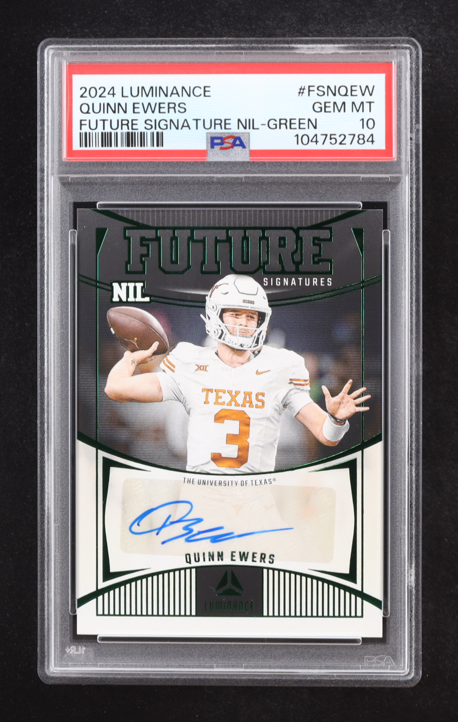 Quinn Ewers 2024 Panini Luminance Future Signatures NIL Green #FSNQEW RC (PSA 10) at PristineAuction.com Quinn Ewers 2024 Panini Luminance Future Signatures NIL Green #FSNQEW RC (PSA 10) at PristineAuction.com