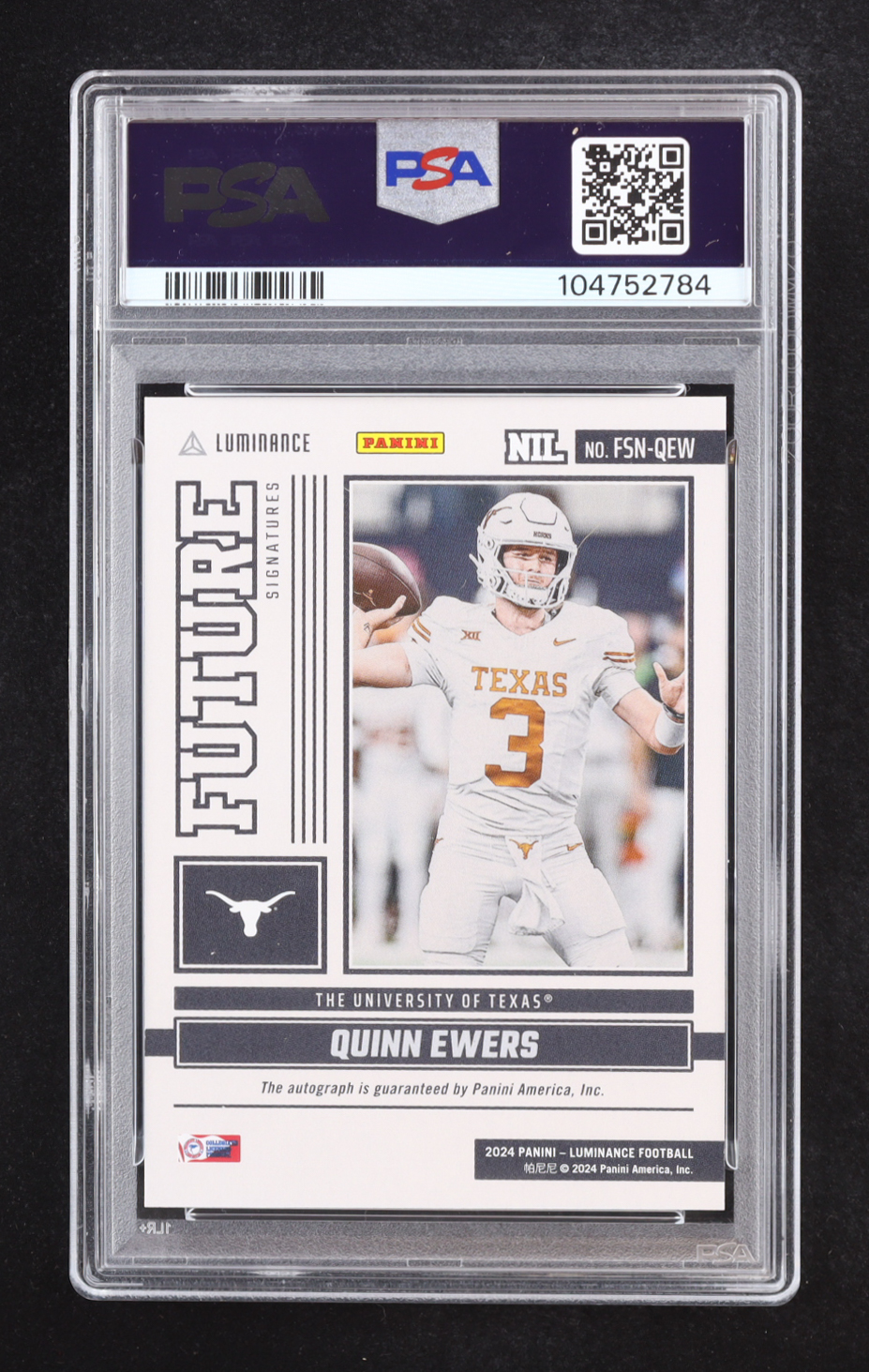 Quinn Ewers 2024 Panini Luminance Future Signatures NIL Green #FSNQEW RC (PSA 10) at PristineAuction.com Quinn Ewers 2024 Panini Luminance Future Signatures NIL Green #FSNQEW RC (PSA 10) at PristineAuction.com
