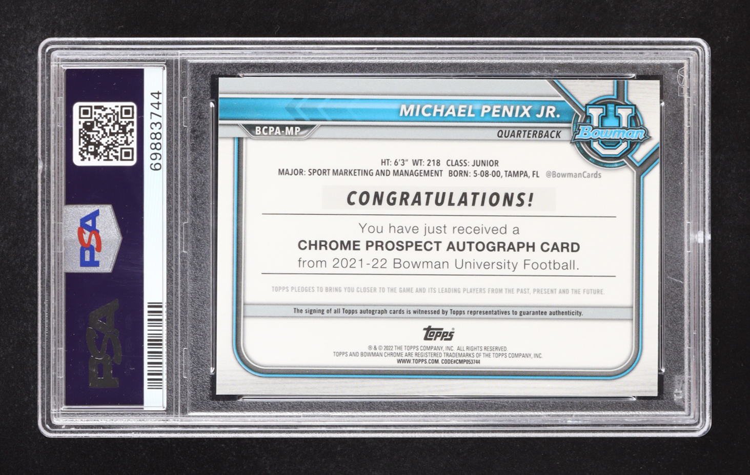 Michael Penix Jr. 2021 Bowman Chrome University Prospect Autograph #BCPAMP RC (PSA 10) at PristineAuction.com Michael Penix Jr. 2021 Bowman Chrome University Prospect Autograph #BCPAMP RC (PSA 10) at PristineAuction.com