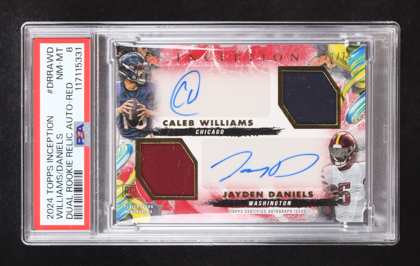Caleb Williams / Jayden Daniels 2024 Topps Inception Dual Rookie Relic Autographs Red #DRRAWD #70/75 RC (PSA 8) at PristineAuction.com Caleb Williams / Jayden Daniels 2024 Topps Inception Dual Rookie Relic Autographs Red #DRRAWD #70/75 RC (PSA 8) at PristineAuction.com