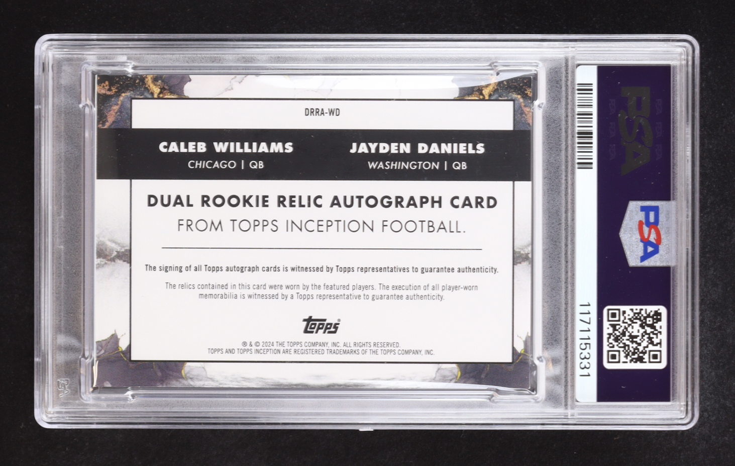 Caleb Williams / Jayden Daniels 2024 Topps Inception Dual Rookie Relic Autographs Red #DRRAWD #70/75 RC (PSA 8) at PristineAuction.com Caleb Williams / Jayden Daniels 2024 Topps Inception Dual Rookie Relic Autographs Red #DRRAWD #70/75 RC (PSA 8) at PristineAuction.com