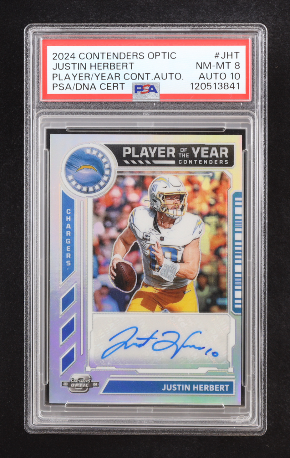 Justin Herbert 2024 Panini Contenders Optic Player of the Year Contenders Autographs #3 #01/25 (PSA 8 | Auto 10) at PristineAuction.com Justin Herbert 2024 Panini Contenders Optic Player of the Year Contenders Autographs #3 #01/25 (PSA 8 | Auto 10) at PristineAuction.com
