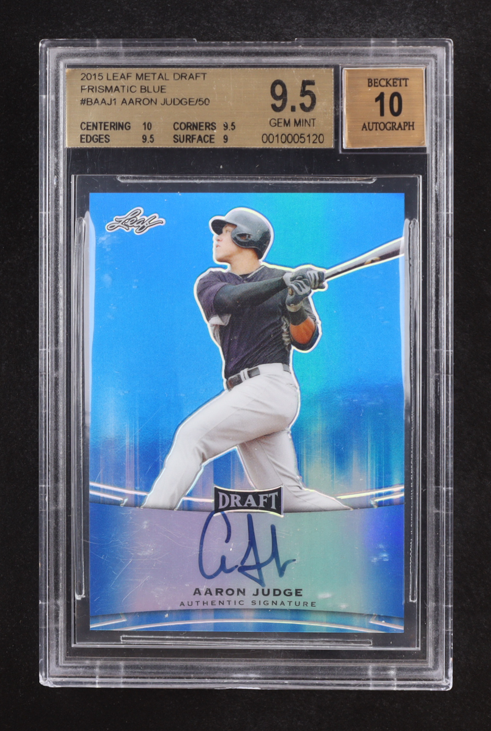 Aaron Judge 2015 Leaf Metal Draft Prismatic Blue #BAAJ1 #25/50 RC (BGS 9.5 | Auto 10) at PristineAuction.com Aaron Judge 2015 Leaf Metal Draft Prismatic Blue #BAAJ1 #25/50 RC (BGS 9.5 | Auto 10) at PristineAuction.com