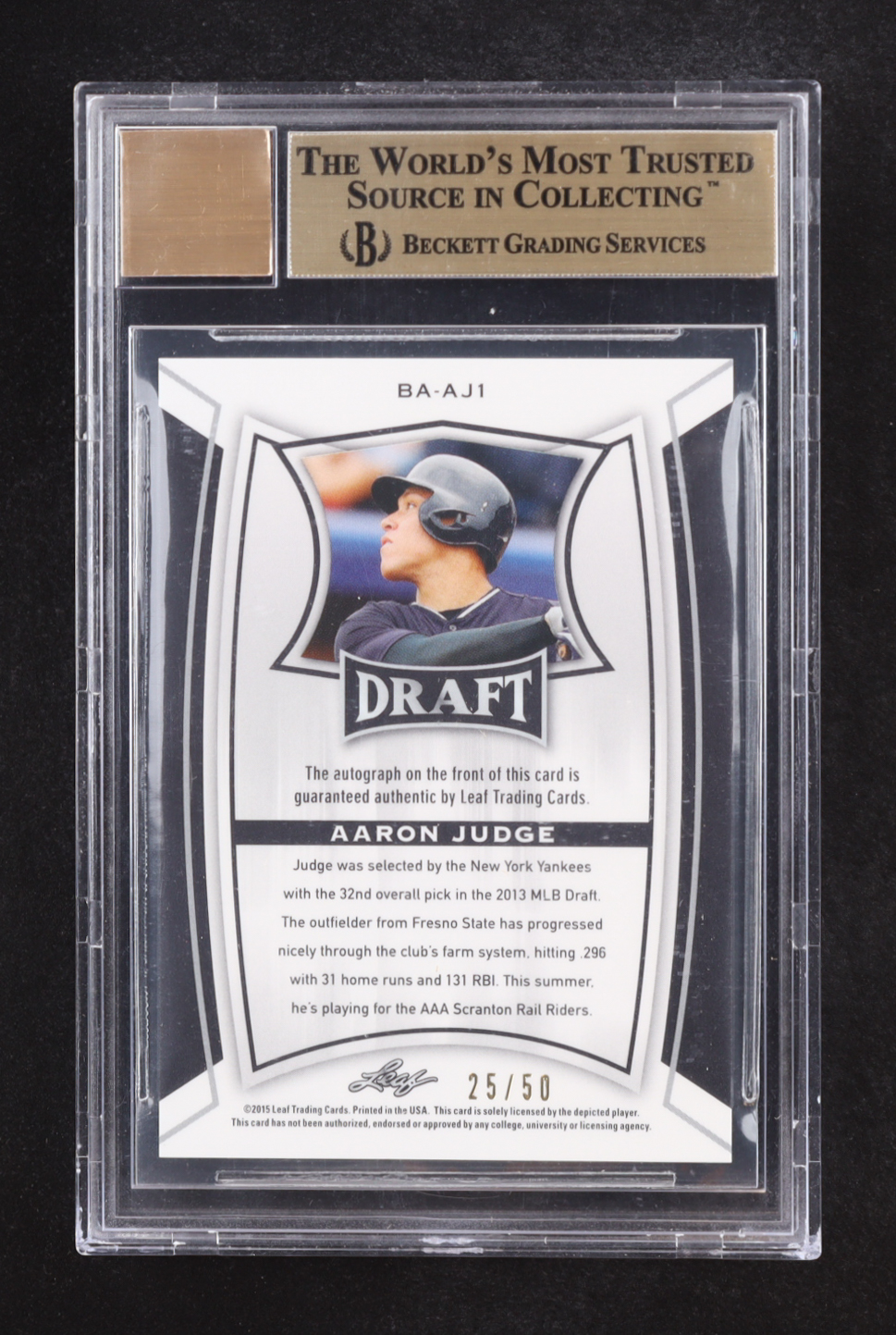 Aaron Judge 2015 Leaf Metal Draft Prismatic Blue #BAAJ1 #25/50 RC (BGS 9.5 | Auto 10) at PristineAuction.com Aaron Judge 2015 Leaf Metal Draft Prismatic Blue #BAAJ1 #25/50 RC (BGS 9.5 | Auto 10) at PristineAuction.com
