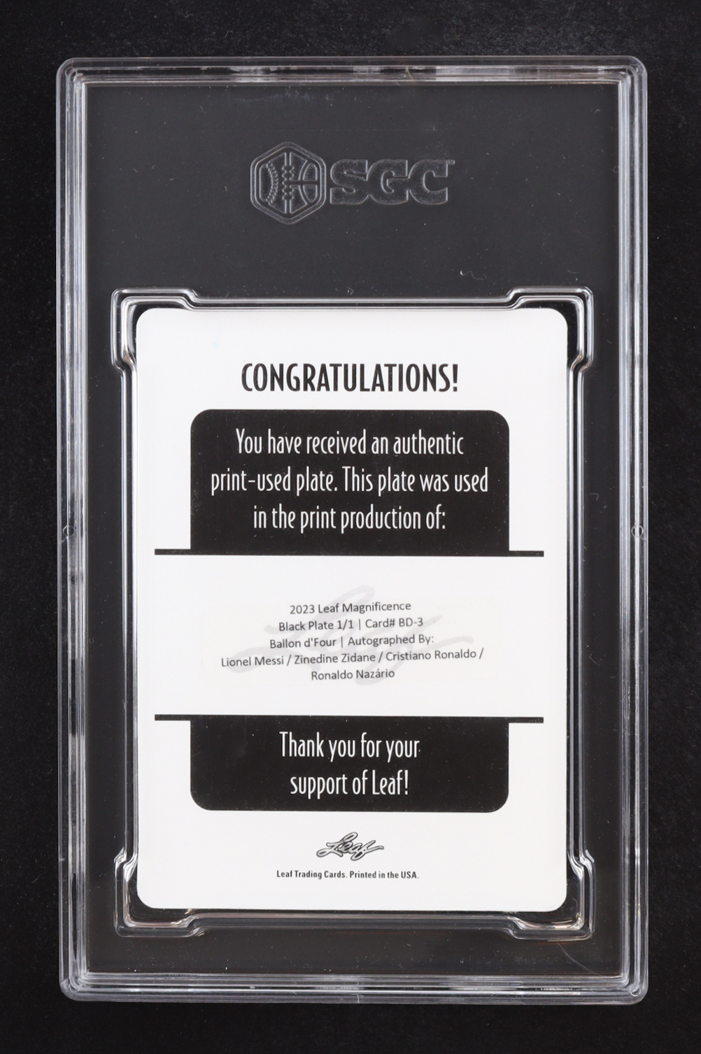Lionel Messi / Zinedine Zidane / Cristiano Ronaldo / Ronaldo Nazario 2023 Leaf Magnificence Ballon d'Four Quad Autographs Printing Plate Black #BD3 #1/1 (SGC) at PristineAuction.com Lionel Messi / Zinedine Zidane / Cristiano Ronaldo / Ronaldo Nazario 2023 Leaf Magnificence Ballon d'Four Quad Autographs Printing Plate Black #BD3 #1/1 (SGC) at PristineAuction.com