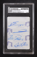 Lionel Messi / Zinedine Zidane / Cristiano Ronaldo / Ronaldo Nazario 2023 Leaf Magnificence Ballon d'Four Quad Autographs Printing Plate Black #BD3 #1/1 (SGC) at PristineAuction.com