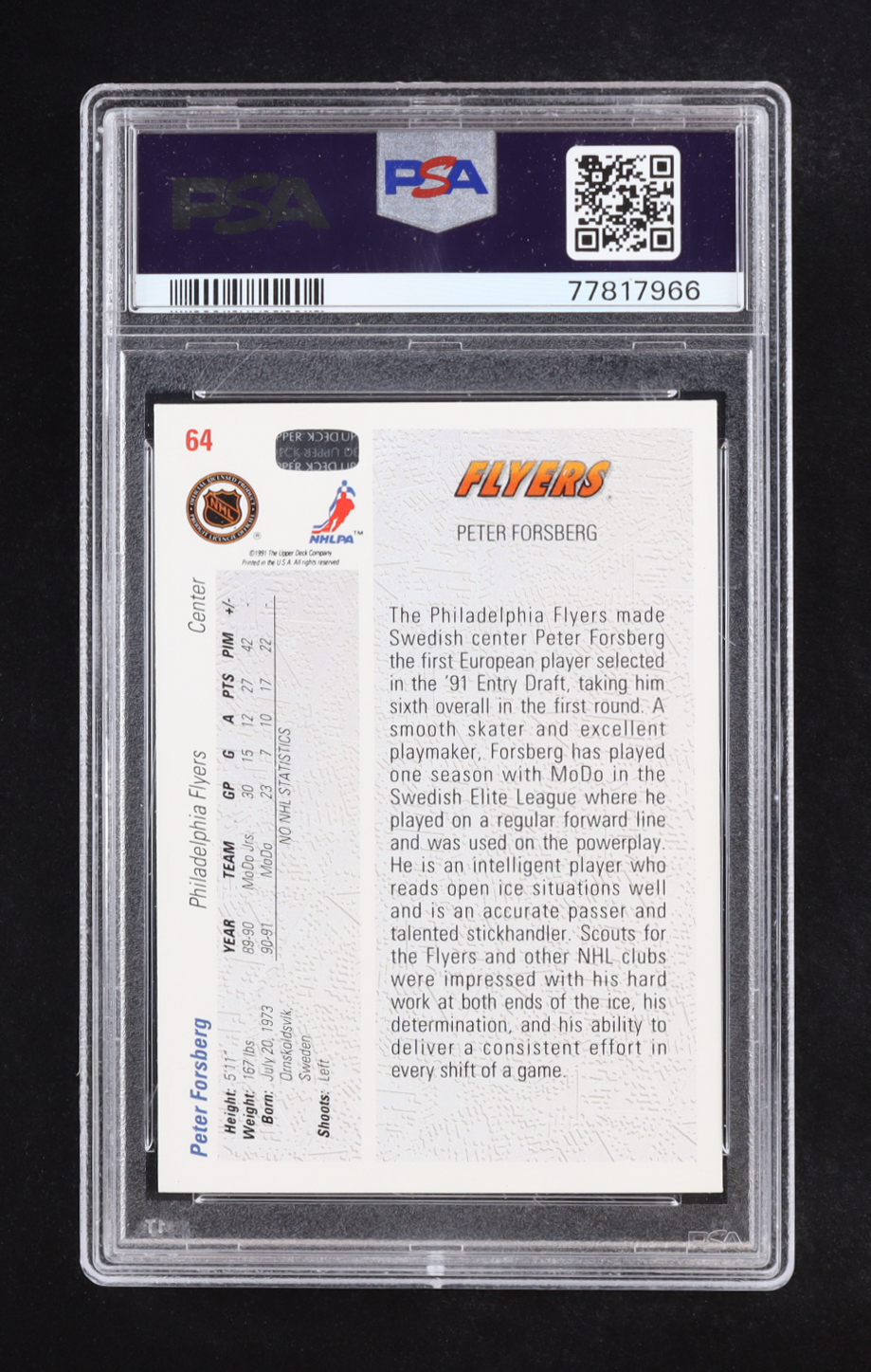 Peter Forsberg 1991 Upper Deck #64 RC (PSA 7) at PristineAuction.com Peter Forsberg 1991 Upper Deck #64 RC (PSA 7) at PristineAuction.com