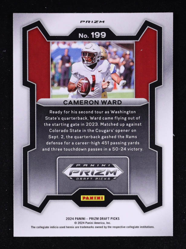 Cameron Ward 2024 Panini Prizm Draft Picks Prizms Silver #199 RC at PristineAuction.com Cameron Ward 2024 Panini Prizm Draft Picks Prizms Silver #199 RC at PristineAuction.com