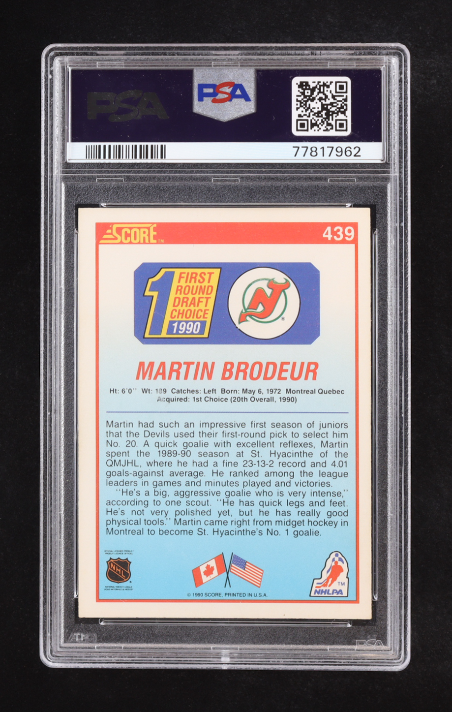 Martin Brodeur 1990 Score #439 RC (PSA 6) at PristineAuction.com Martin Brodeur 1990 Score #439 RC (PSA 6) at PristineAuction.com