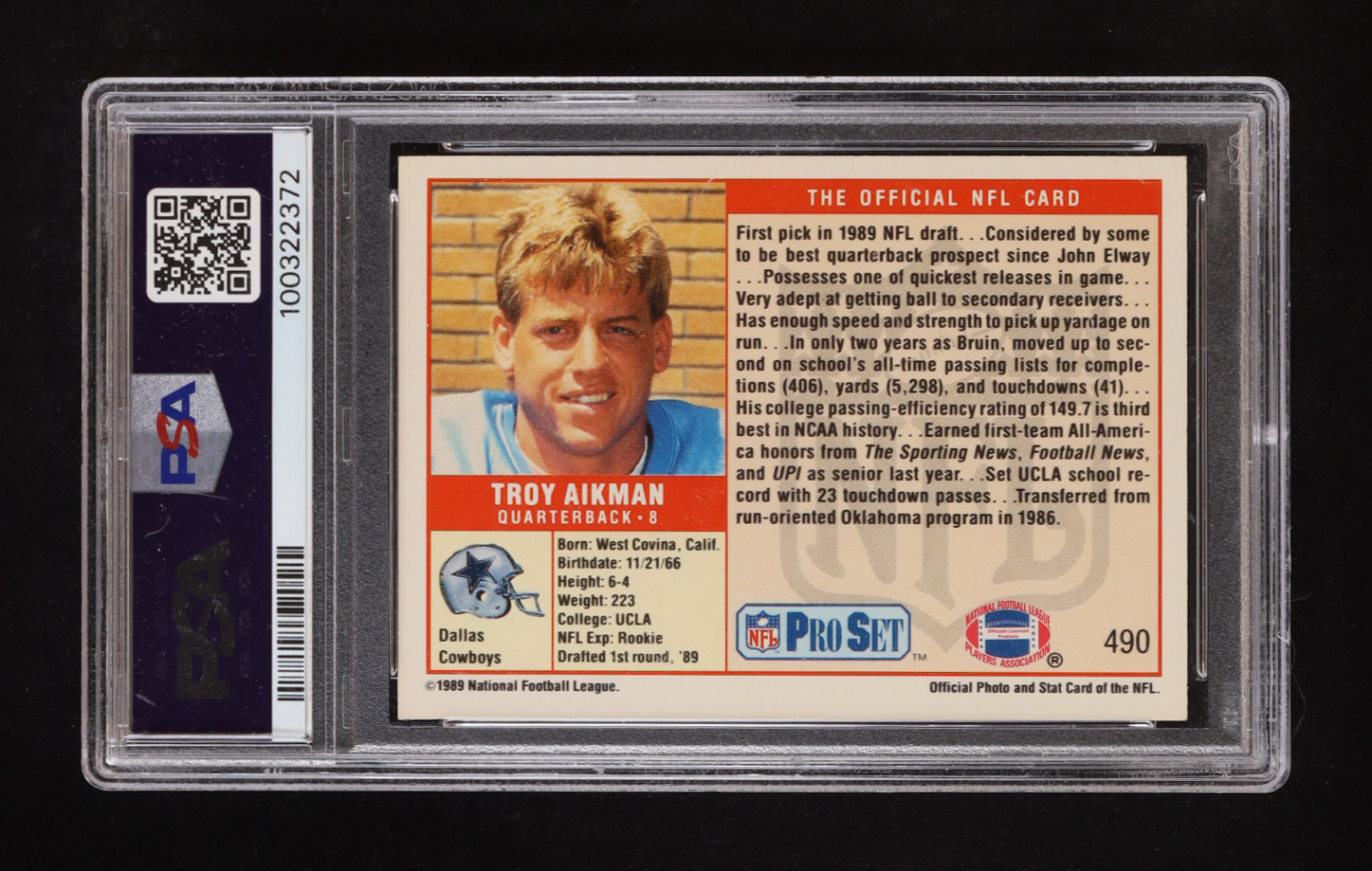 Troy Aikman 1989 Pro Set #490 RC (PSA 8) at PristineAuction.com Troy Aikman 1989 Pro Set #490 RC (PSA 8) at PristineAuction.com