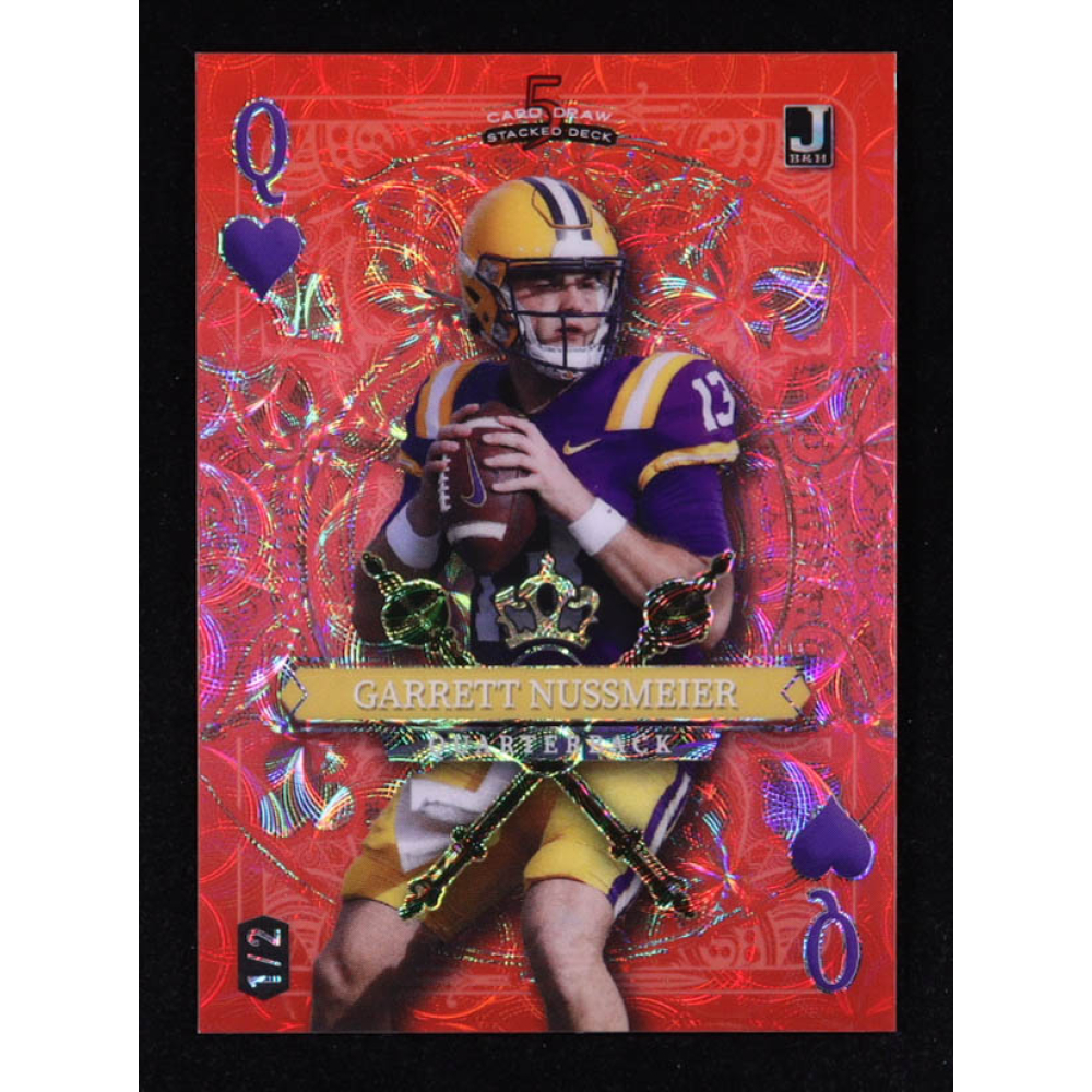 Garrett Nussmeier 2024 Wild Card 5 Card Draw Stacked Deck Queen of Hearts Kaleidoscope Red #SDPHGNN RC #1/2 at PristineAuction.com