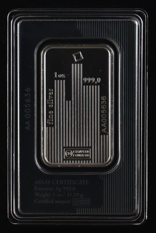 Valcambi Suisse Skyline 1oz .999 Fine Silver Bullion Bar In Assay at PristineAuction.com Valcambi Suisse Skyline 1oz .999 Fine Silver Bullion Bar In Assay at PristineAuction.com