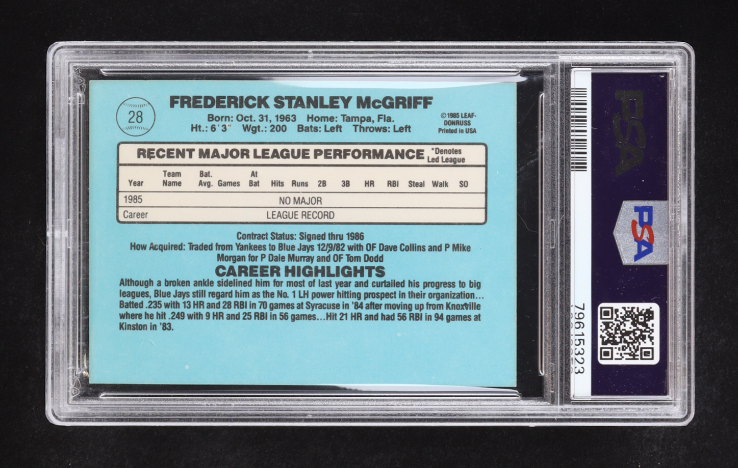 Fred McGriff 1986 Donruss RR #28 RC (PSA 5) at PristineAuction.com Fred McGriff 1986 Donruss RR #28 RC (PSA 5) at PristineAuction.com