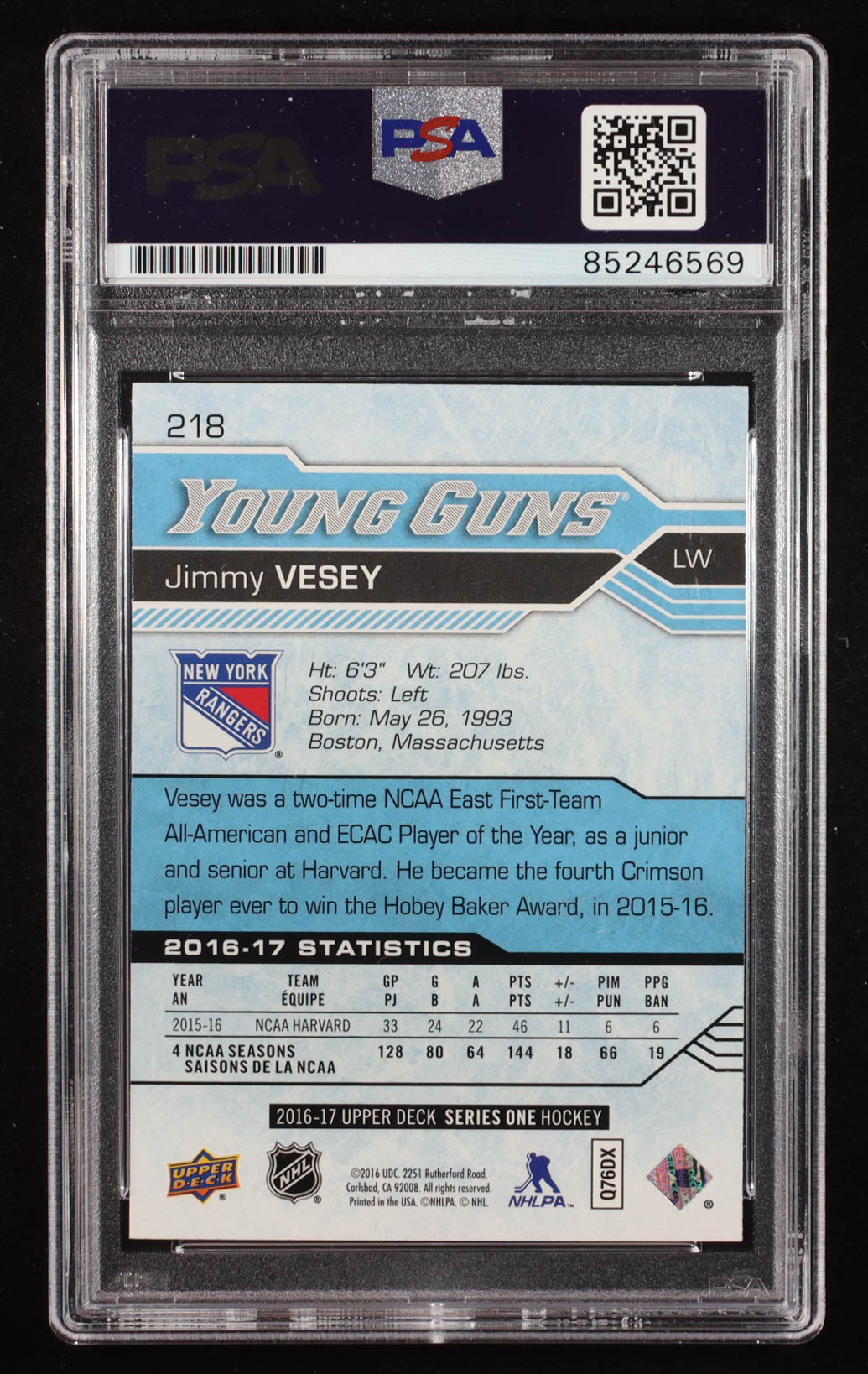 Jimmy Vesey Signed 2016-17 Upper Deck Young Guns #218 RC (PSA | Auto 10) at PristineAuction.com Jimmy Vesey Signed 2016-17 Upper Deck Young Guns #218 RC (PSA | Auto 10) at PristineAuction.com