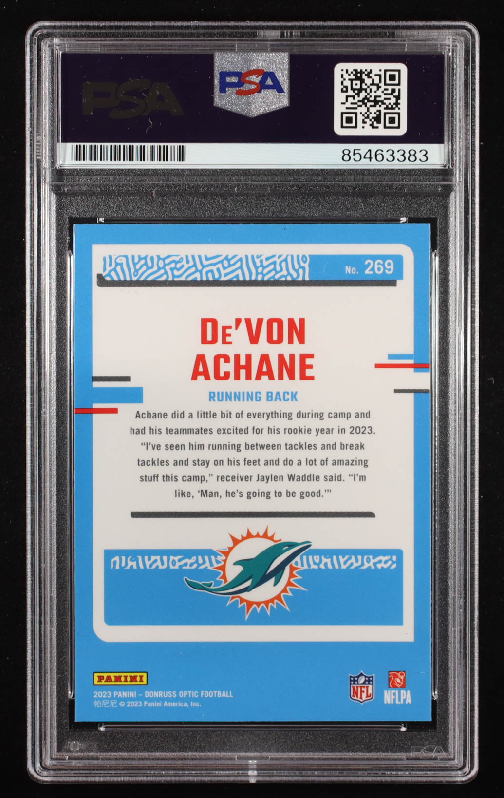 De'Von Achane 2023 Donruss Optic RR #269 RC (PSA) at PristineAuction.com De'Von Achane 2023 Donruss Optic RR #269 RC (PSA) at PristineAuction.com