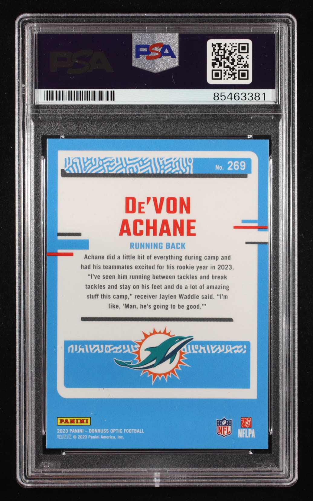 De'Von Achane 2023 Donruss Optic RR #269 RC (PSA) at PristineAuction.com De'Von Achane 2023 Donruss Optic RR #269 RC (PSA) at PristineAuction.com