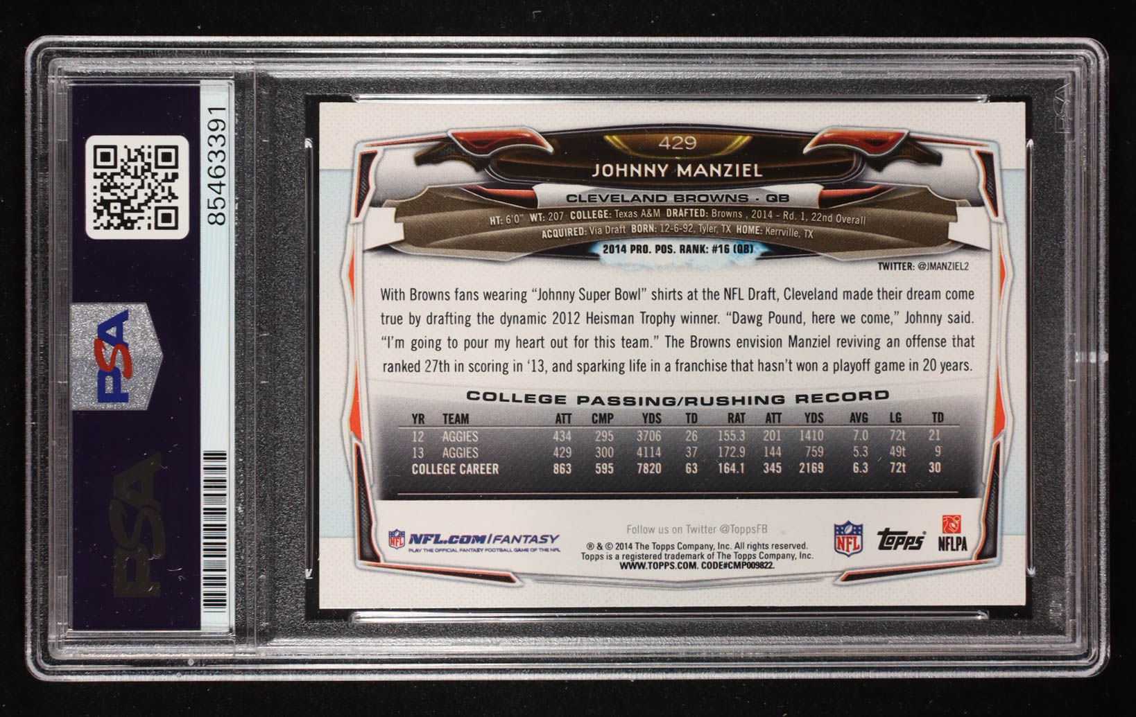 Johnny Manziel Signed 2014 Topps #429 RC Inscribed "F*** Cleveland" (PSA) at PristineAuction.com Johnny Manziel Signed 2014 Topps #429 RC Inscribed "F*** Cleveland" (PSA) at PristineAuction.com