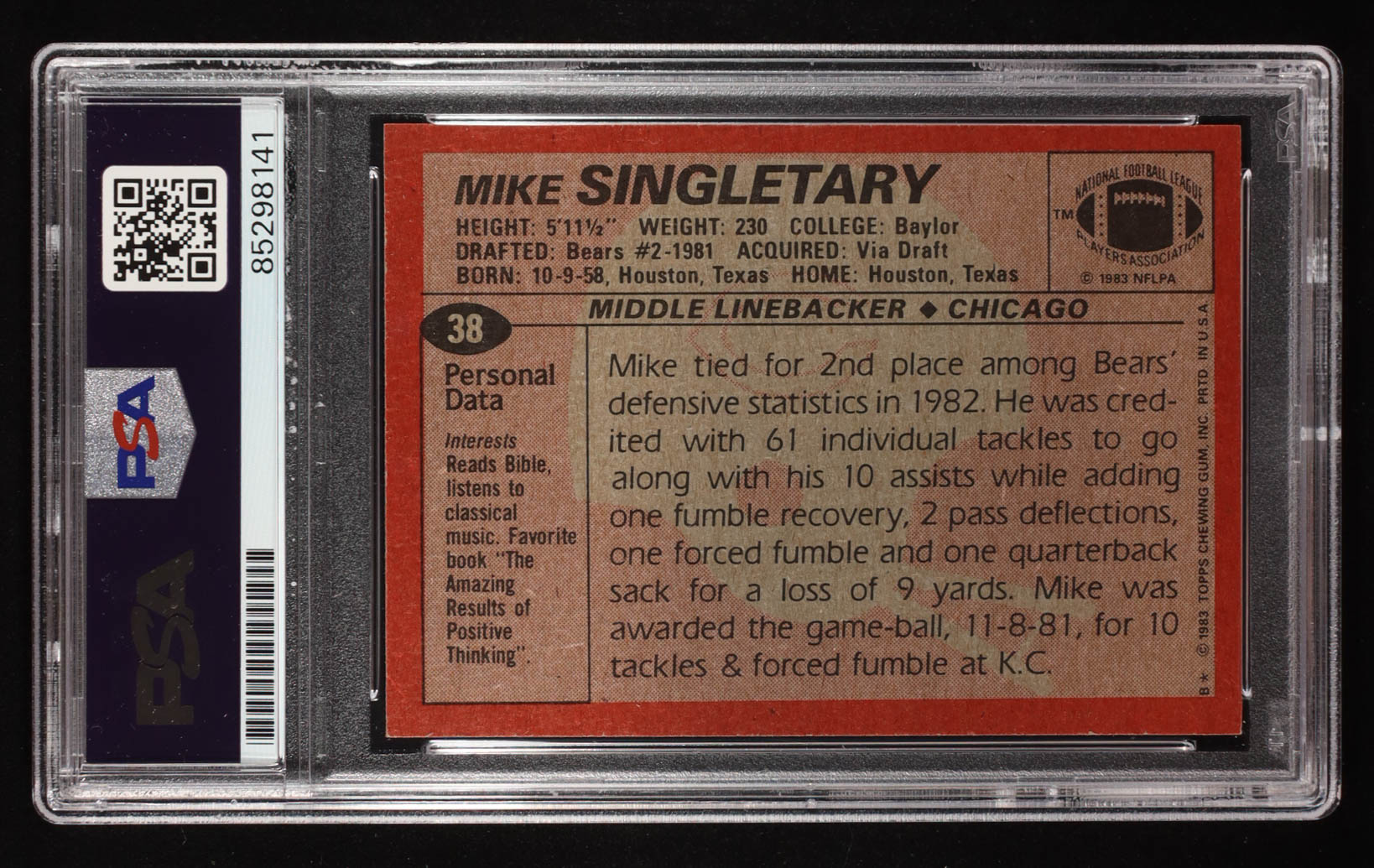 Mike Singletary Signed 1983 Topps #38 Inscribed "HOF 98" (PSA) at PristineAuction.com Mike Singletary Signed 1983 Topps #38 Inscribed "HOF 98" (PSA) at PristineAuction.com