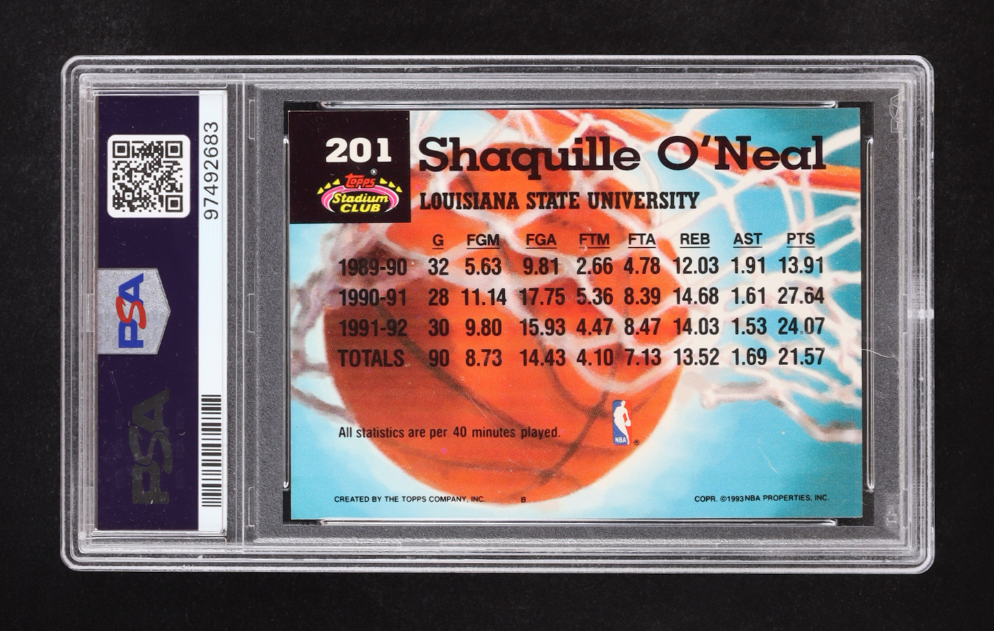 Shaquille O'Neal 1992 Stadium Club #201 RC (PSA 8) at PristineAuction.com Shaquille O'Neal 1992 Stadium Club #201 RC (PSA 8) at PristineAuction.com