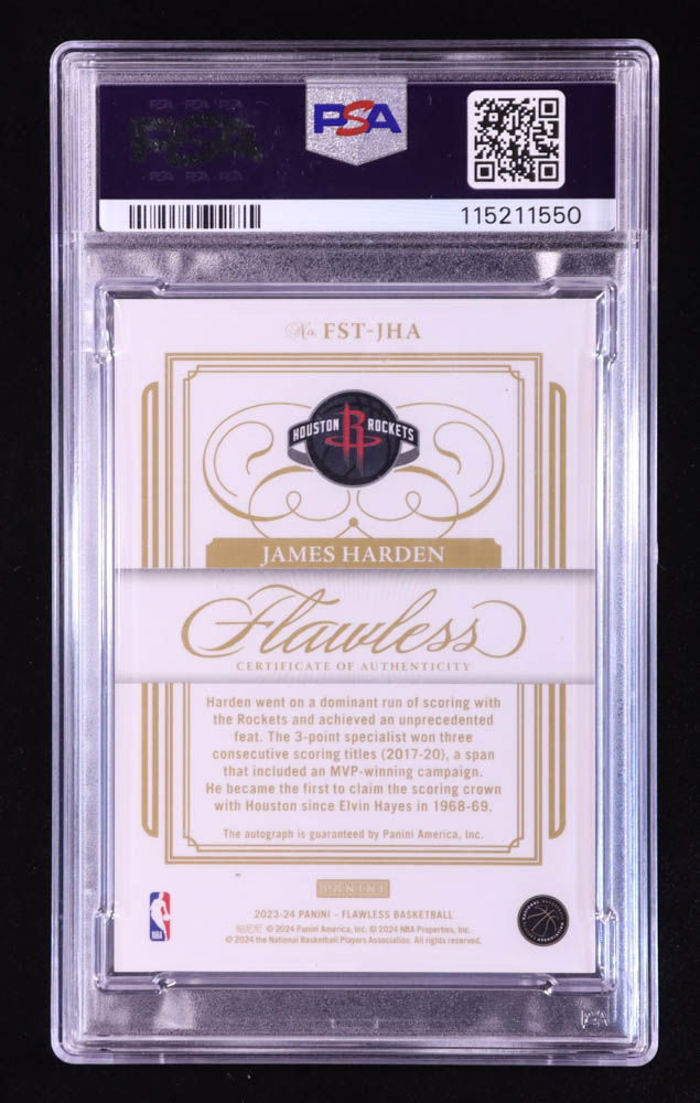 James Harden 2023-24 Panini Flawless Flawless Scoring Title Autographs Blue #2 #3/8 (PSA 9 | Auto 10) at PristineAuction.com James Harden 2023-24 Panini Flawless Flawless Scoring Title Autographs Blue #2 #3/8 (PSA 9 | Auto 10) at PristineAuction.com