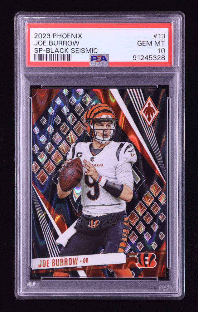 Joe Burrow 2023 Panini Phoenix SP Black Seismic #13 #4/10 (PSA 10) at PristineAuction.com Joe Burrow 2023 Panini Phoenix SP Black Seismic #13 #4/10 (PSA 10) at PristineAuction.com