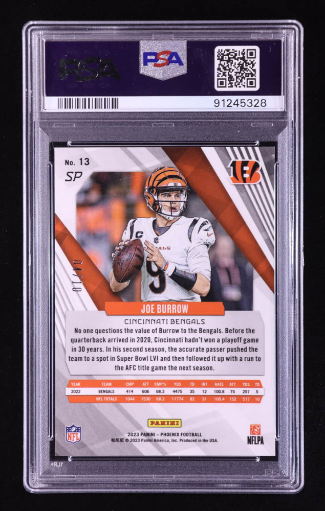 Joe Burrow 2023 Panini Phoenix SP Black Seismic #13 #4/10 (PSA 10) at PristineAuction.com Joe Burrow 2023 Panini Phoenix SP Black Seismic #13 #4/10 (PSA 10) at PristineAuction.com