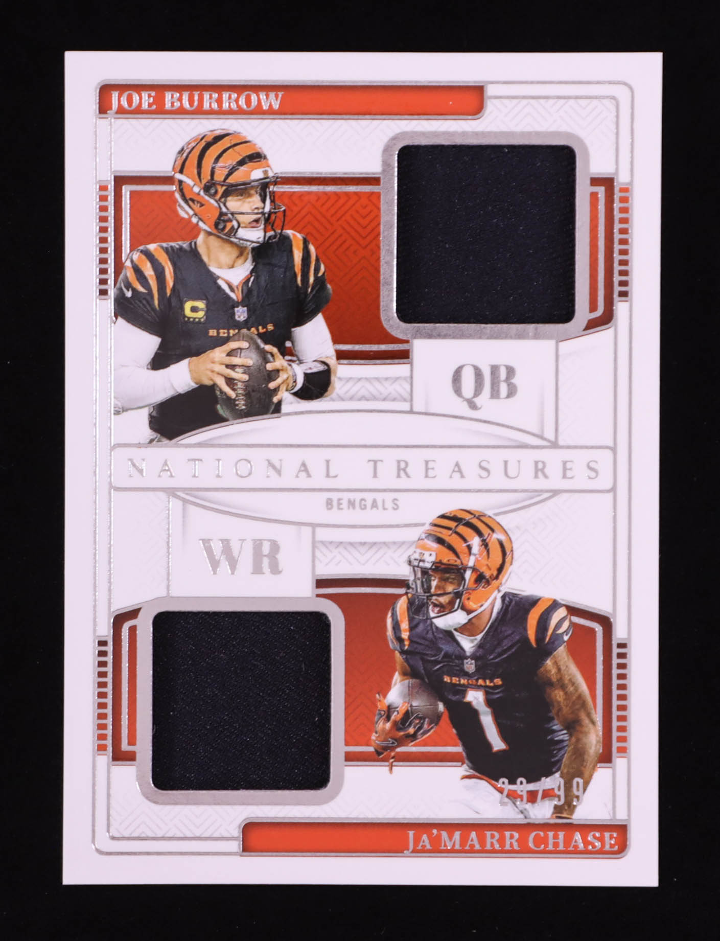 Joe Burrow / Ja'Marr Chase 2024 Panini National Treasures NFL Gear Combo Materials #6 #29/99 at PristineAuction.com Joe Burrow / Ja'Marr Chase 2024 Panini National Treasures NFL Gear Combo Materials #6 #29/99 at PristineAuction.com