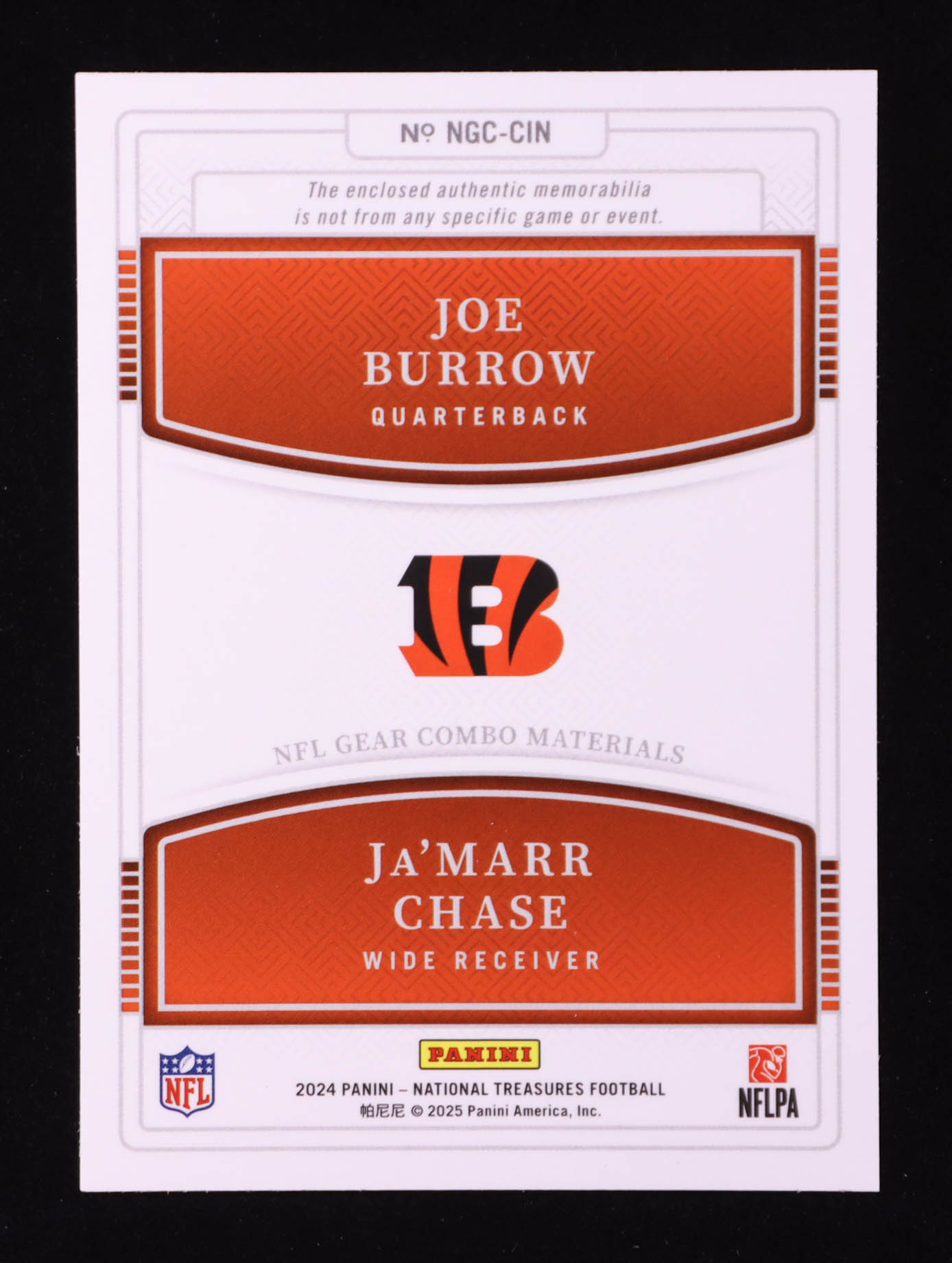 Joe Burrow / Ja'Marr Chase 2024 Panini National Treasures NFL Gear Combo Materials #6 #29/99 at PristineAuction.com Joe Burrow / Ja'Marr Chase 2024 Panini National Treasures NFL Gear Combo Materials #6 #29/99 at PristineAuction.com