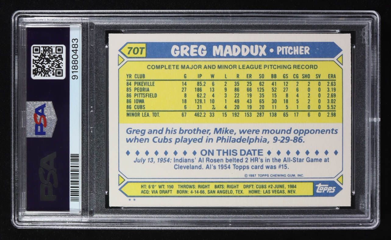 Greg Maddux 1987 Topps Traded #70T XRC (PSA 6) at PristineAuction.com Greg Maddux 1987 Topps Traded #70T XRC (PSA 6) at PristineAuction.com