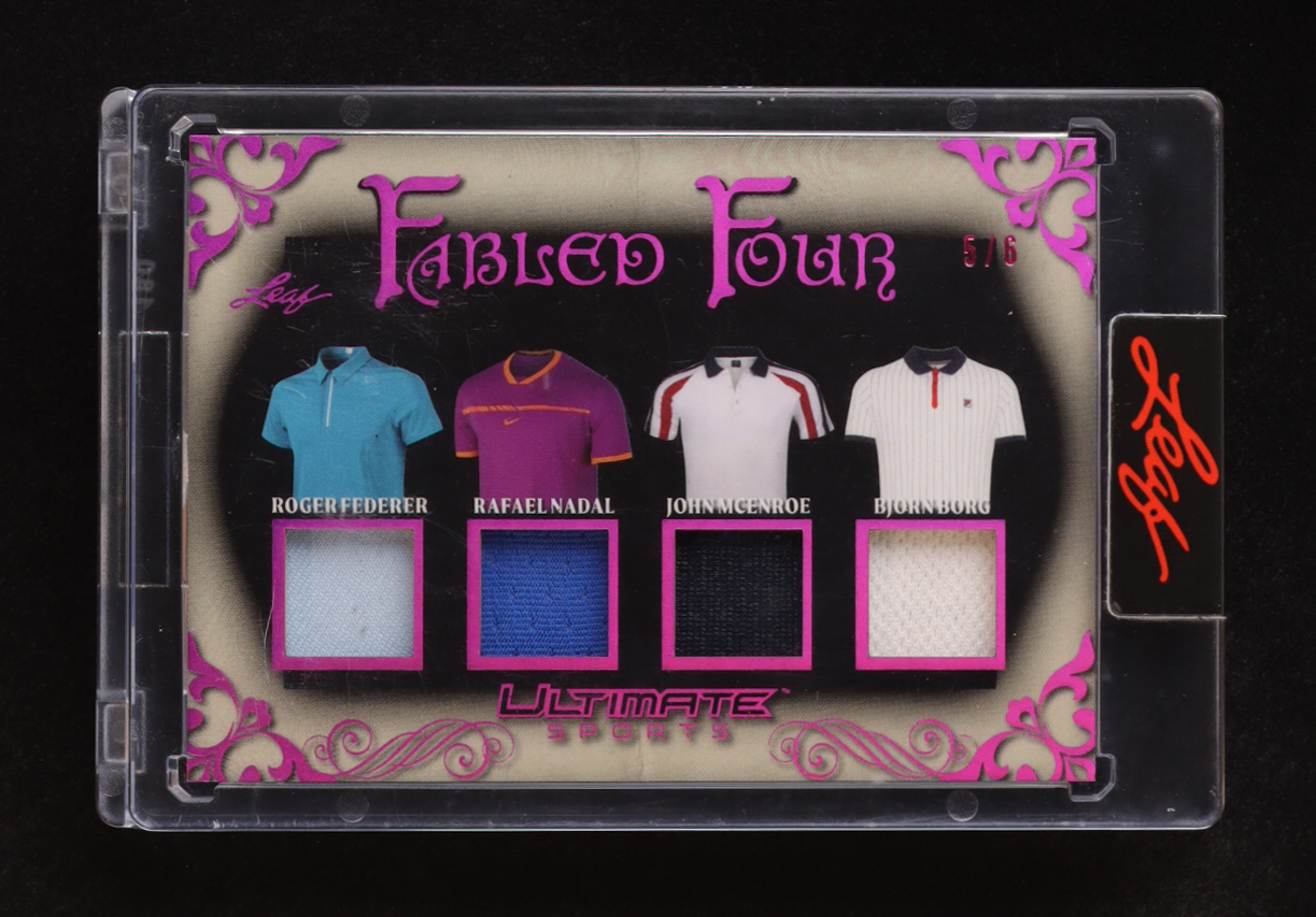 Roger Federer / Rafael Nadal / John McEnroe / Bjorn Borg 2024 Leaf Ultimate Sports Fabled Four Pink #FF6 #5/6 at PristineAuction.com Roger Federer / Rafael Nadal / John McEnroe / Bjorn Borg 2024 Leaf Ultimate Sports Fabled Four Pink #FF6 #5/6 at PristineAuction.com