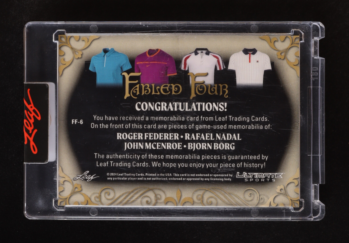 Roger Federer / Rafael Nadal / John McEnroe / Bjorn Borg 2024 Leaf Ultimate Sports Fabled Four Pink #FF6 #5/6 at PristineAuction.com Roger Federer / Rafael Nadal / John McEnroe / Bjorn Borg 2024 Leaf Ultimate Sports Fabled Four Pink #FF6 #5/6 at PristineAuction.com