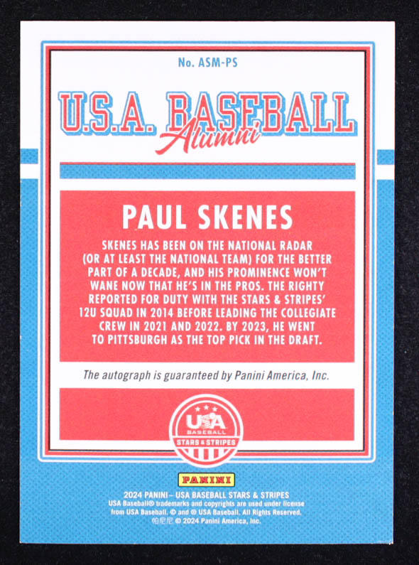 Paul Skenes 2024 USA Baseball Stars and Stripes USA Baseball Alumni Signatures #9 RC at PristineAuction.com Paul Skenes 2024 USA Baseball Stars and Stripes USA Baseball Alumni Signatures #9 RC at PristineAuction.com
