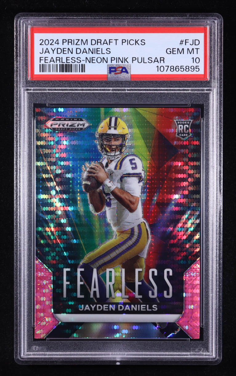 Jayden Daniels 2024 Panini Prizm Draft Picks Fearless Neon Pink Pulsar #5 RC #08/15 (PSA 10) at PristineAuction.com Jayden Daniels 2024 Panini Prizm Draft Picks Fearless Neon Pink Pulsar #5 RC #08/15 (PSA 10) at PristineAuction.com