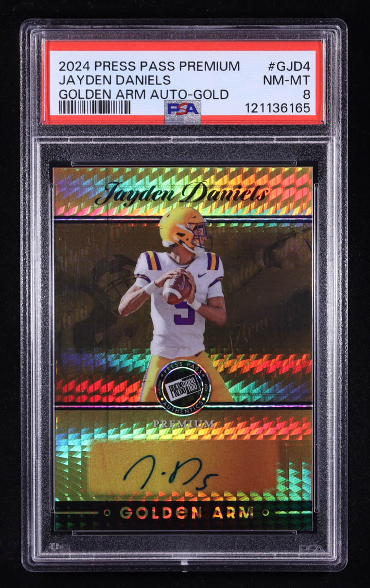 Jayden Daniels 2024 Press Pass Premium Golden Arm Autographs Prism Gold #GJD4 RC #1/5 (PSA 8) at PristineAuction.com Jayden Daniels 2024 Press Pass Premium Golden Arm Autographs Prism Gold #GJD4 RC #1/5 (PSA 8) at PristineAuction.com