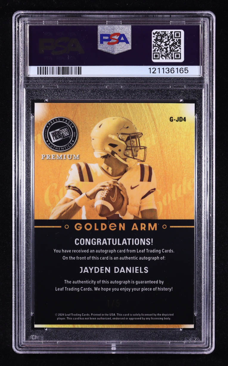Jayden Daniels 2024 Press Pass Premium Golden Arm Autographs Prism Gold #GJD4 RC #1/5 (PSA 8) at PristineAuction.com Jayden Daniels 2024 Press Pass Premium Golden Arm Autographs Prism Gold #GJD4 RC #1/5 (PSA 8) at PristineAuction.com