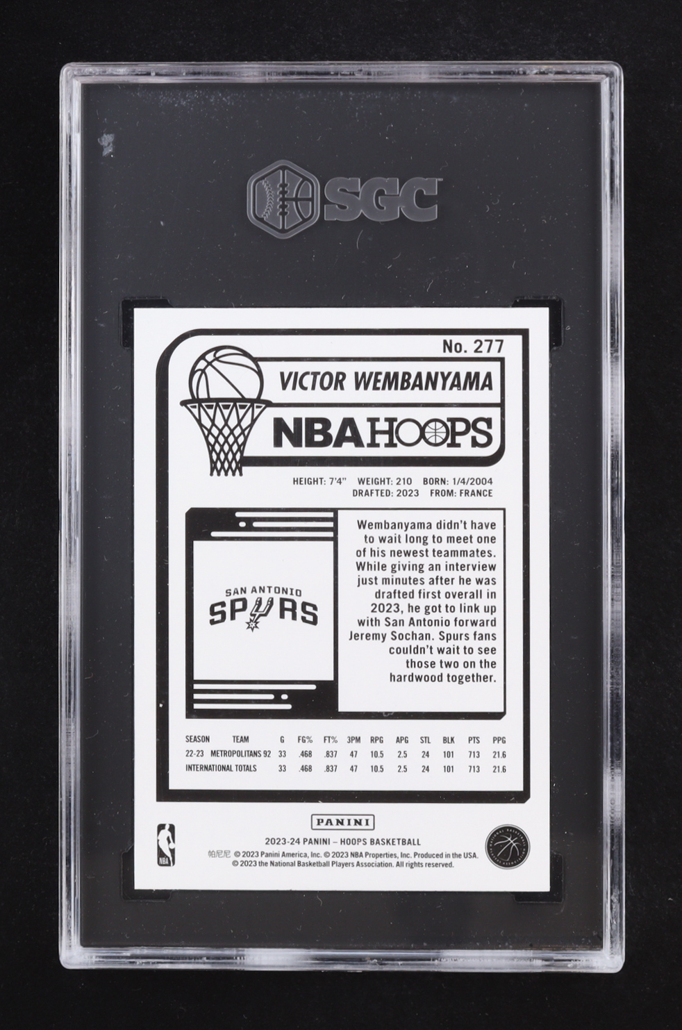 Victor Wembanyama 2023-24 Hoops #277 RC (SGC 10) at PristineAuction.com Victor Wembanyama 2023-24 Hoops #277 RC (SGC 10) at PristineAuction.com