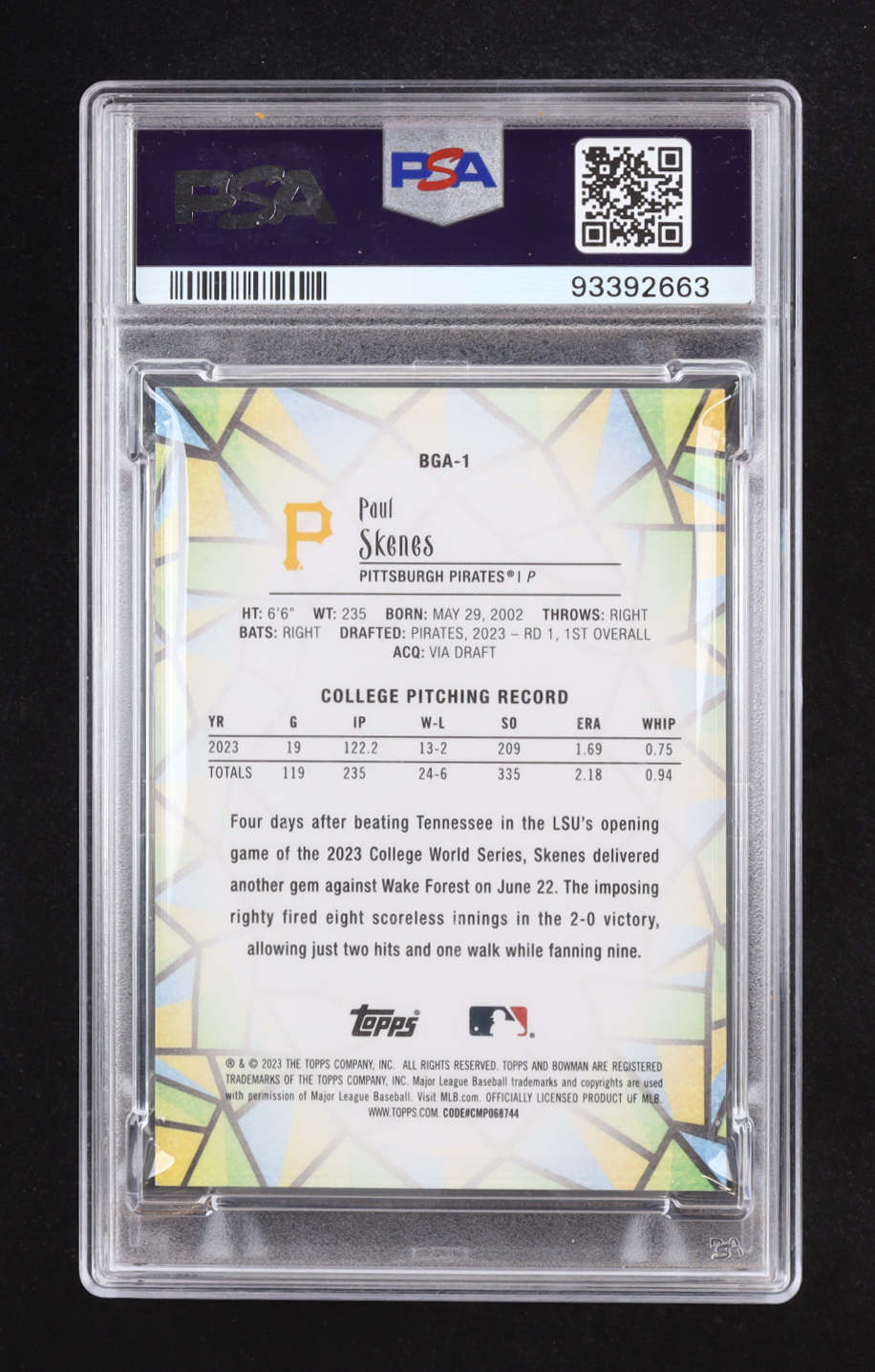 Paul Skenes 2023 Bowman Chrome Draft Glass #BG1 RC (PSA 10) at PristineAuction.com Paul Skenes 2023 Bowman Chrome Draft Glass #BG1 RC (PSA 10) at PristineAuction.com