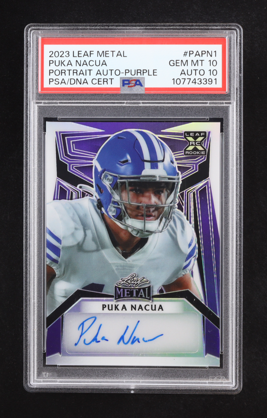 Puka Nacua 2023 Leaf Metal Portrait Autographs Mojo Purple #PAPN1 #5/5 RC (PSA 10) at PristineAuction.com Puka Nacua 2023 Leaf Metal Portrait Autographs Mojo Purple #PAPN1 #5/5 RC (PSA 10) at PristineAuction.com
