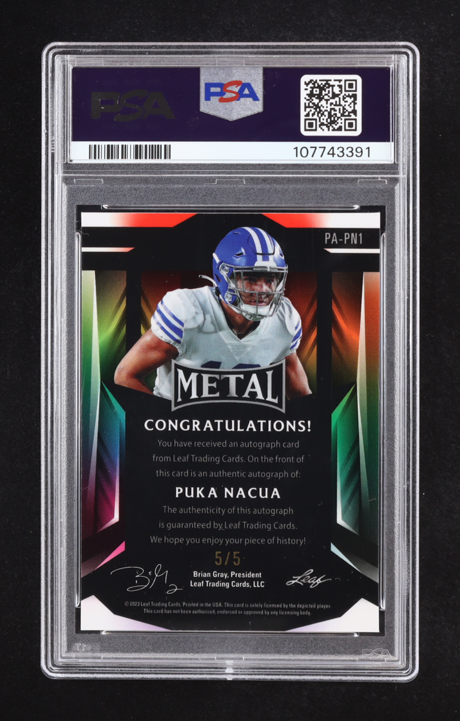Puka Nacua 2023 Leaf Metal Portrait Autographs Mojo Purple #PAPN1 #5/5 RC (PSA 10) at PristineAuction.com Puka Nacua 2023 Leaf Metal Portrait Autographs Mojo Purple #PAPN1 #5/5 RC (PSA 10) at PristineAuction.com