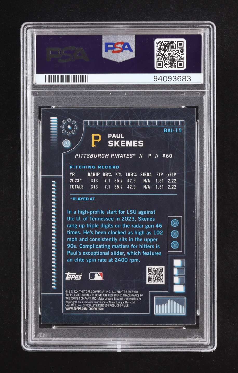 Paul Skenes 2024 Bowman Chrome Bowman AI #BAI15 RC (PSA 10) at PristineAuction.com Paul Skenes 2024 Bowman Chrome Bowman AI #BAI15 RC (PSA 10) at PristineAuction.com