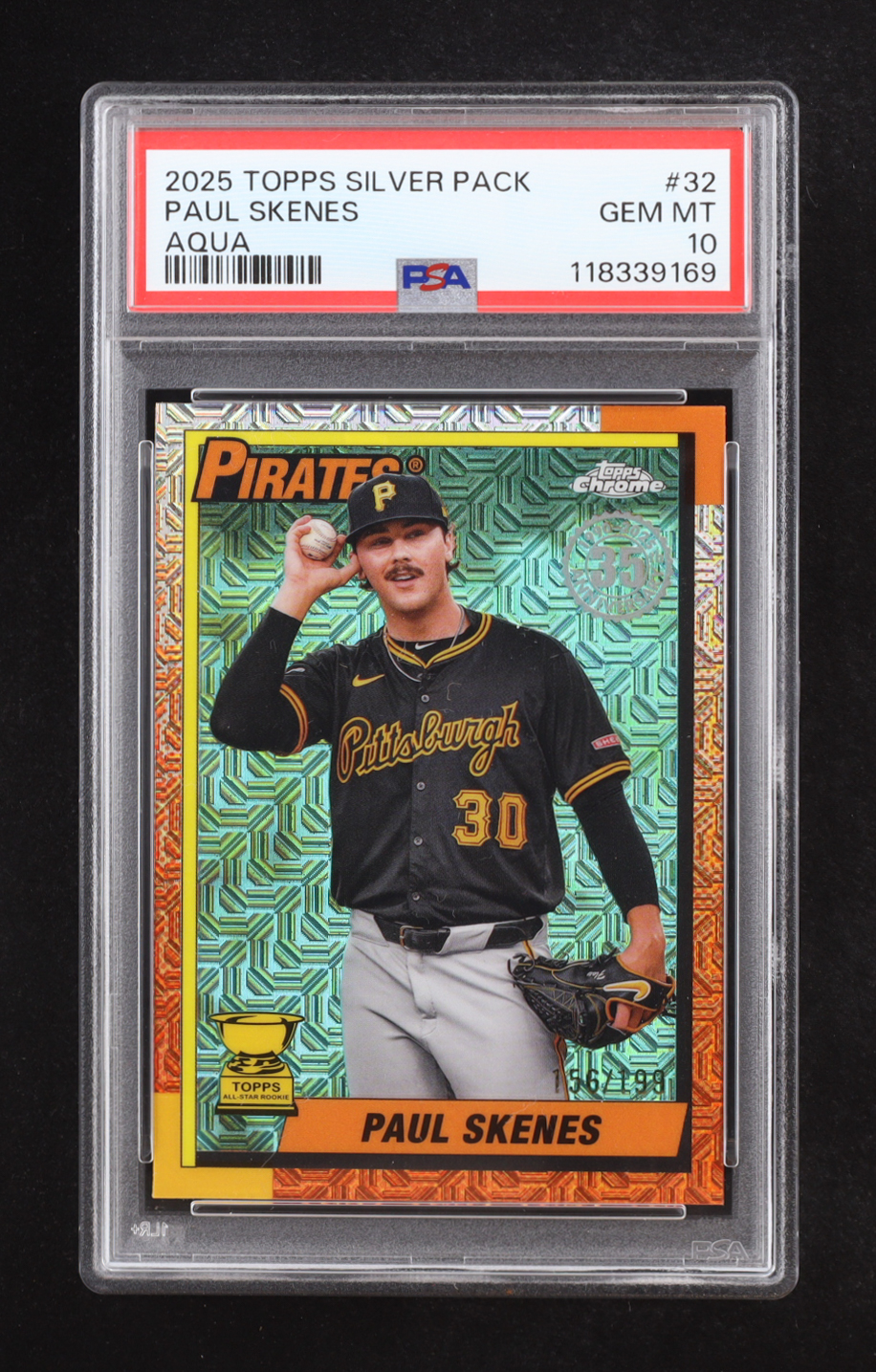 Paul Skenes 2025 Topps '90 Topps Silver Pack Chrome Aqua Refractors #T90C32 #156/199 (PSA 10) at PristineAuction.com Paul Skenes 2025 Topps '90 Topps Silver Pack Chrome Aqua Refractors #T90C32 #156/199 (PSA 10) at PristineAuction.com
