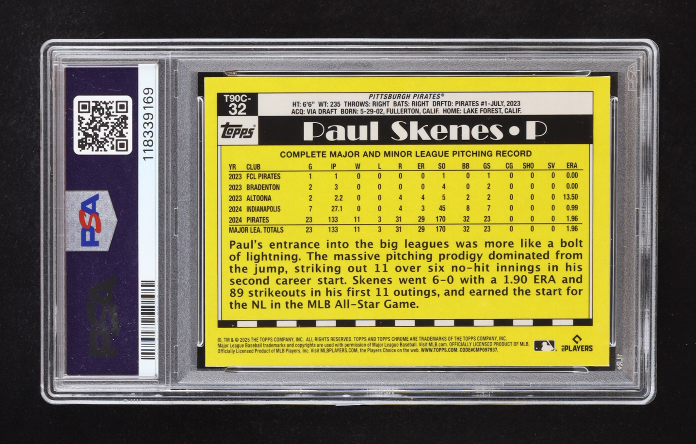 Paul Skenes 2025 Topps '90 Topps Silver Pack Chrome Aqua Refractors #T90C32 #156/199 (PSA 10) at PristineAuction.com Paul Skenes 2025 Topps '90 Topps Silver Pack Chrome Aqua Refractors #T90C32 #156/199 (PSA 10) at PristineAuction.com