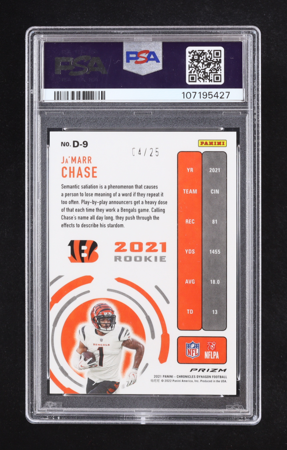 Ja'Marr Chase 2021 Panini Chronicles Dynagon Rookies Blue #9 #04/25 RC (PSA 10) at PristineAuction.com Ja'Marr Chase 2021 Panini Chronicles Dynagon Rookies Blue #9 #04/25 RC (PSA 10) at PristineAuction.com